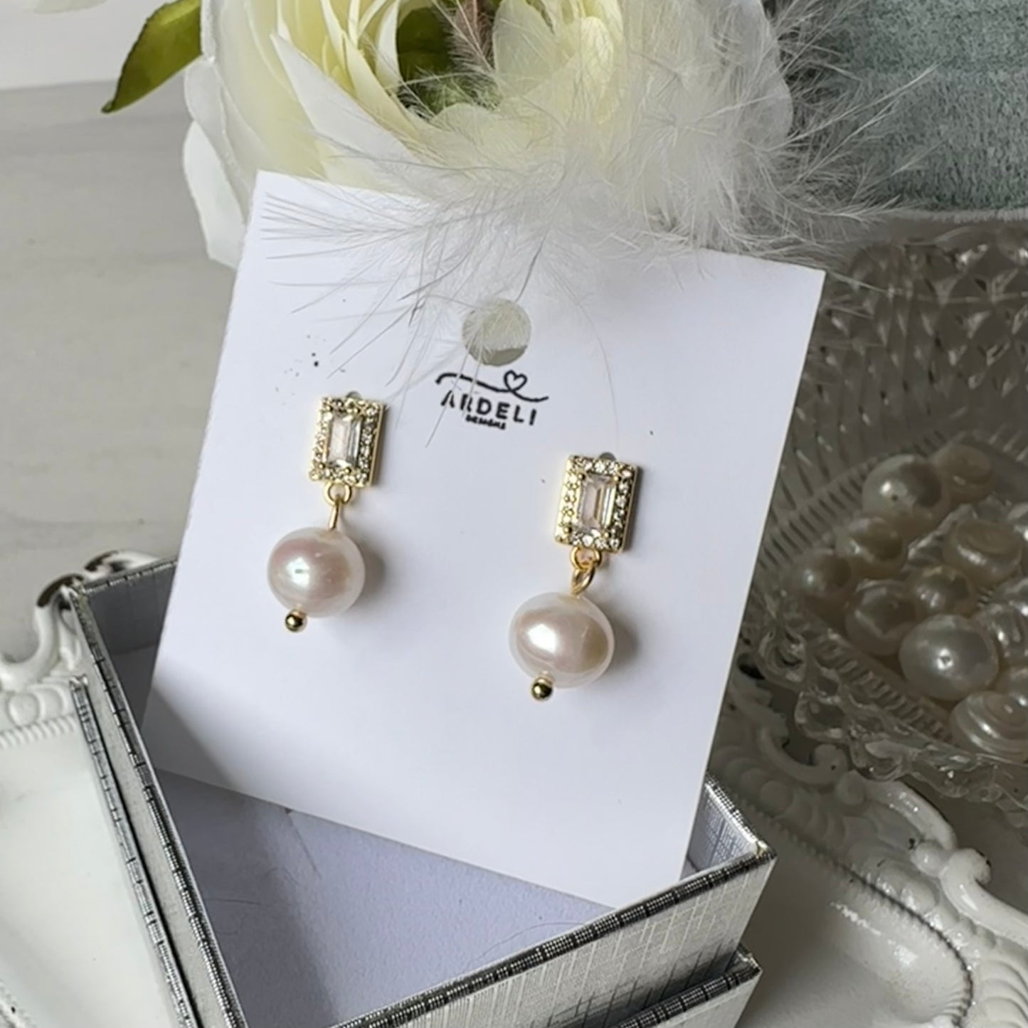 “Lorraine” 85 Real Gold Plated Brass Zircon Freshwater Pearl Dangle Earrings