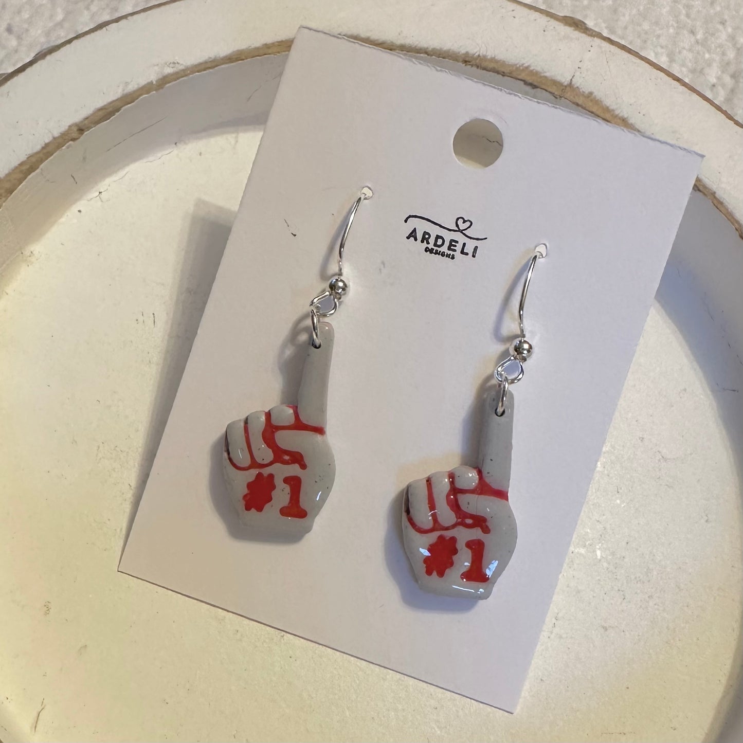 “Play Ball” Gray & Red #1 Foam Finger Dangle Earrings