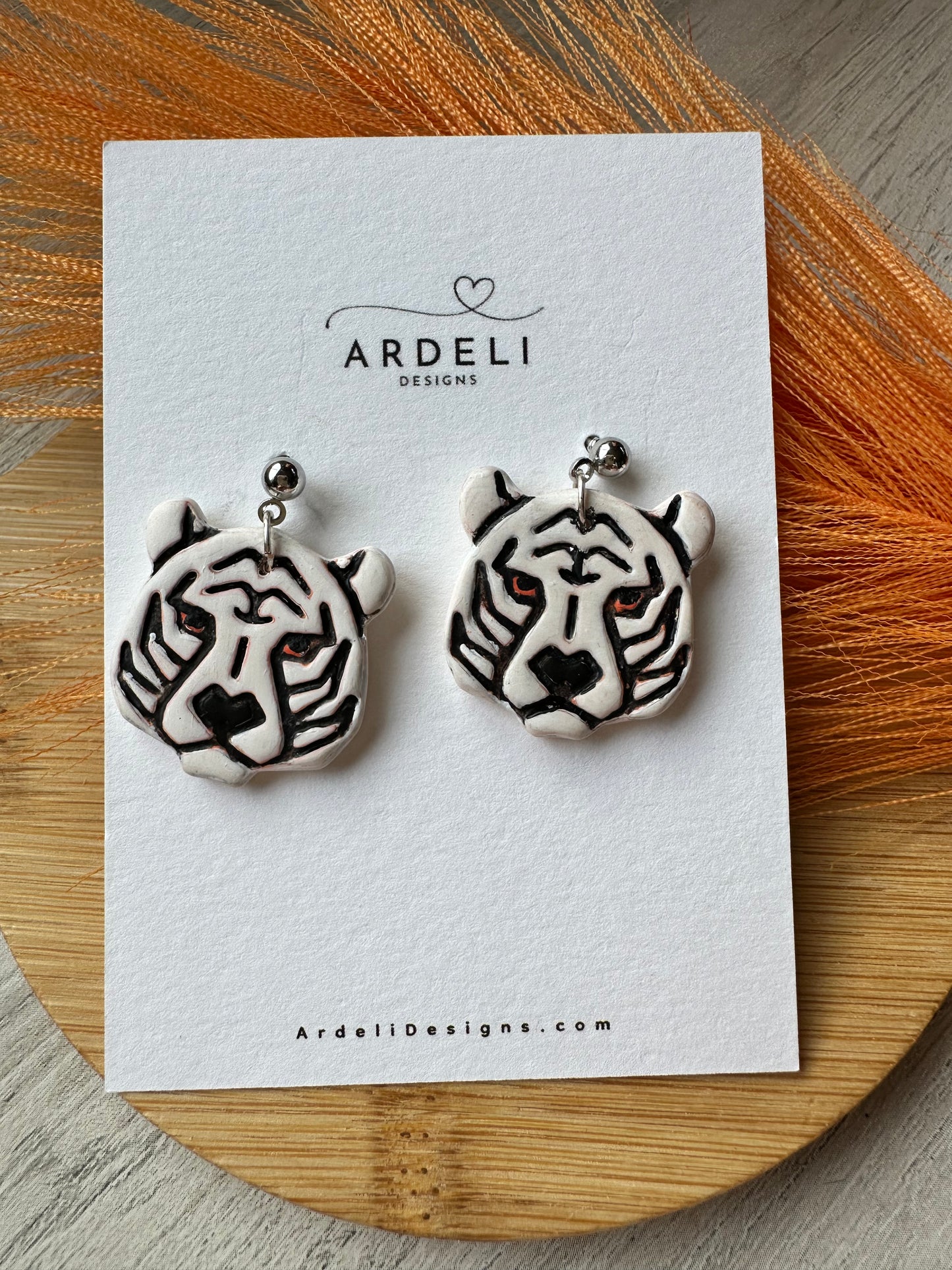 "Game Dey" Spirit Wear Bengals Inspired Polymer Clay White Tiger Dangle Earrings