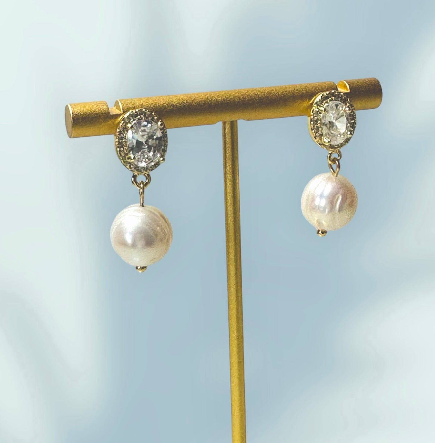 “Lorraine” 90 Real Gold Plated Brass Zircon Freshwater Pearl Stud Earrings