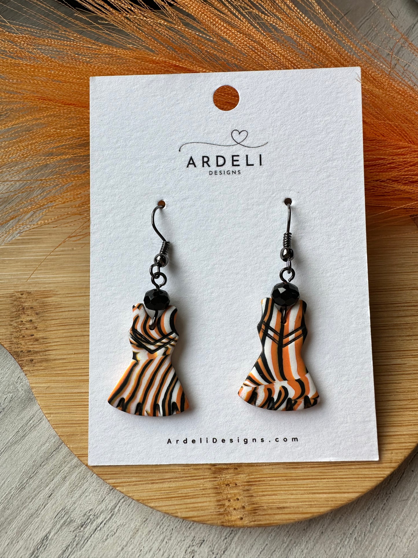 "Game Dey" Spirit Wear Zubaz Bengals Inspired Cheerleader Polymer Clay Dangle Earrings