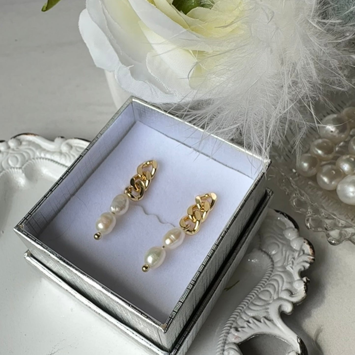 “Lorraine” 82 Gold Plated Chain Freshwater Pearl Dangle Earrings