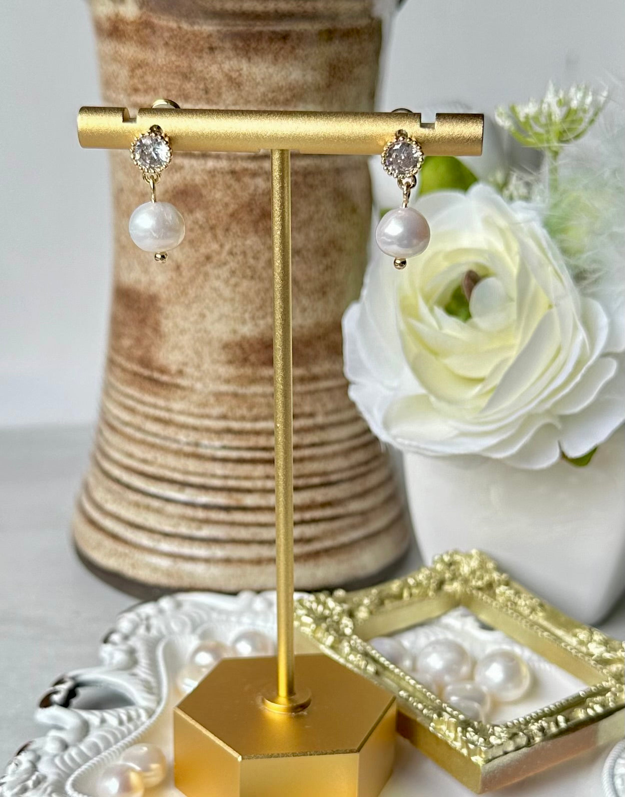 “Lorraine” 87 Real Gold Plated Brass Zircon Diamond Freshwater Pearl Dangle Earrings