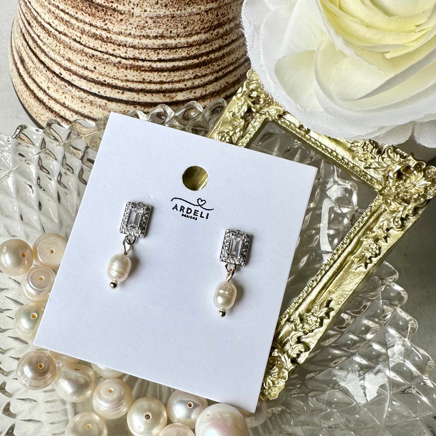 “Lorraine” 86 Real White Gold Plated Brass Zircon Freshwater Pearl Dangle Earrings