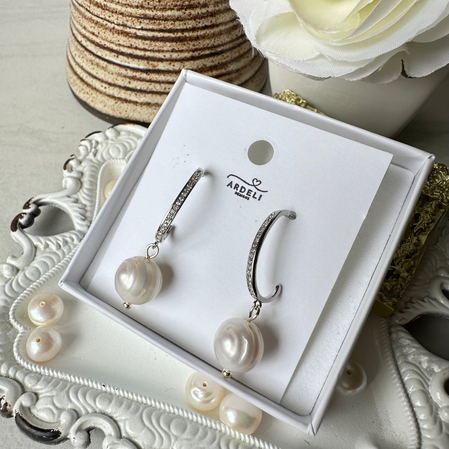 “Lorraine” 89 Real Platinum Plated CZ Pave Half Hoop Stud Freshwater Pearl Dangle Earrings