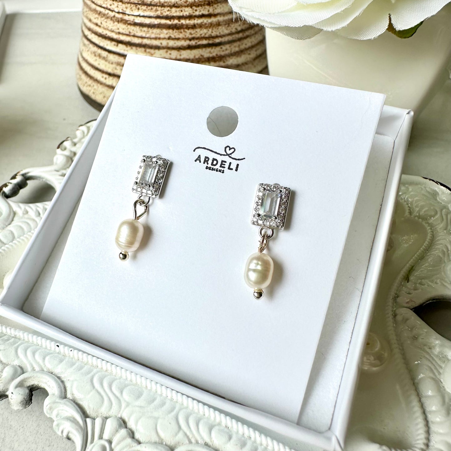 “Lorraine” 86 Real White Gold Plated Brass Zircon Freshwater Pearl Dangle Earrings