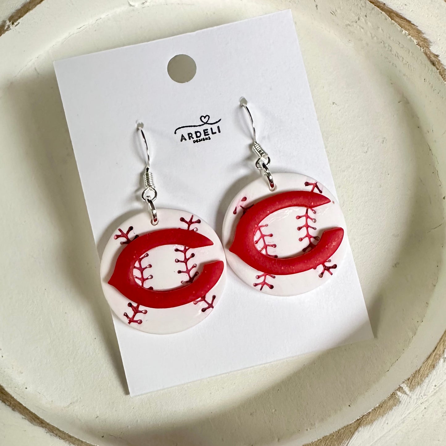 “Play Ball” Reds C Baseball Dangle Earrings