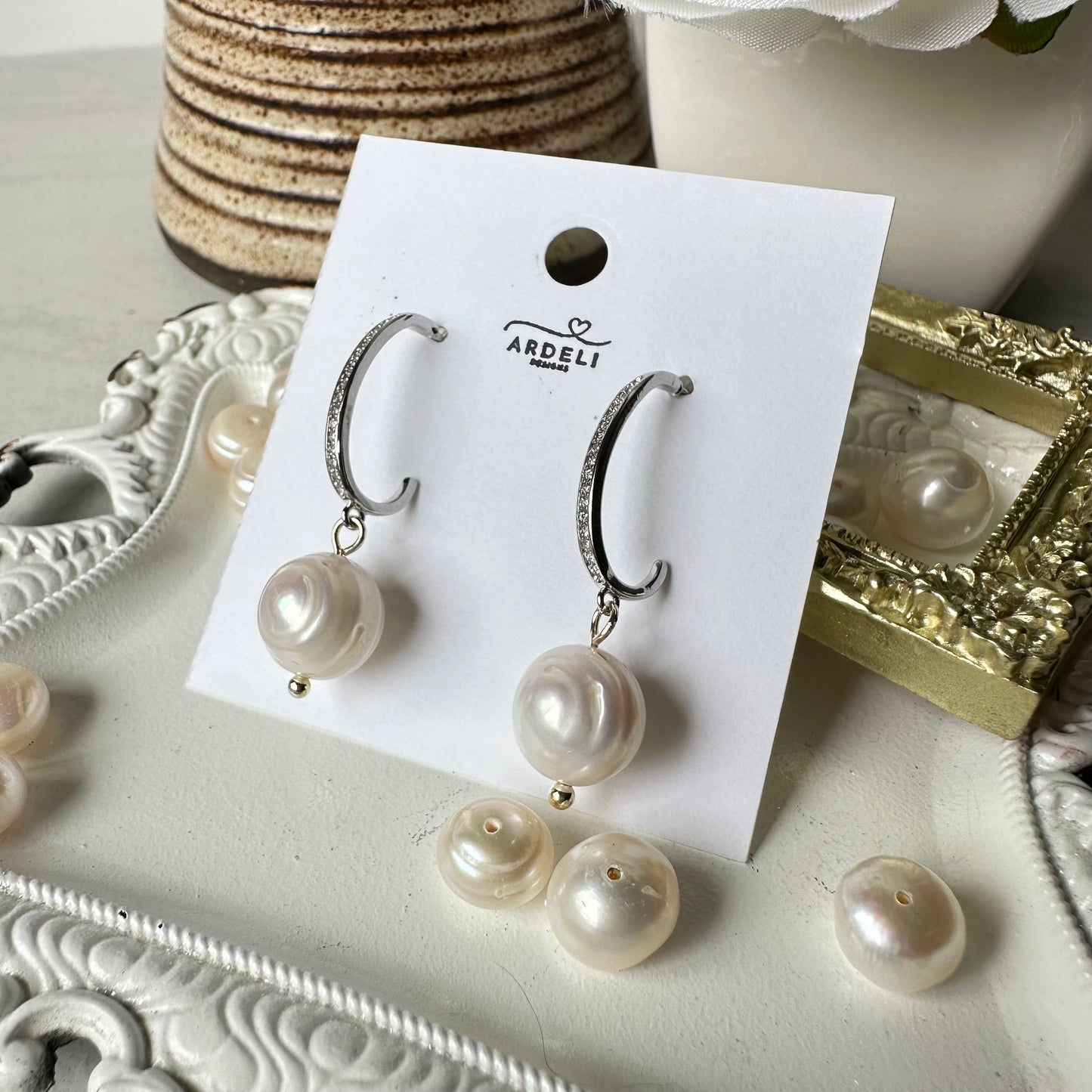 “Lorraine” 89 Real Platinum Plated CZ Pave Half Hoop Stud Freshwater Pearl Dangle Earrings