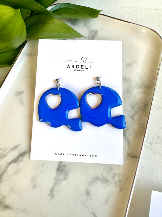 “Buffaluv” Blue Heart Helmet Surgical Steel Post Dangle Earrings