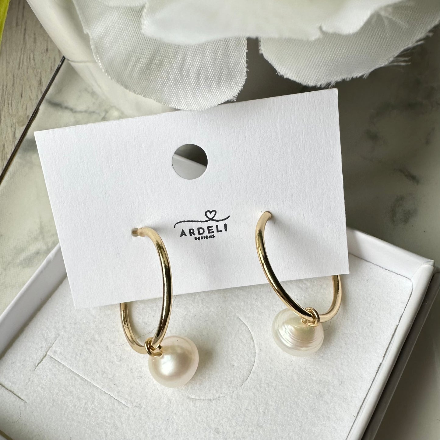 “Lorraine” 49 Real 18K Gold Plated Half Hoop Stud Freshwater Button Pearl Earrings