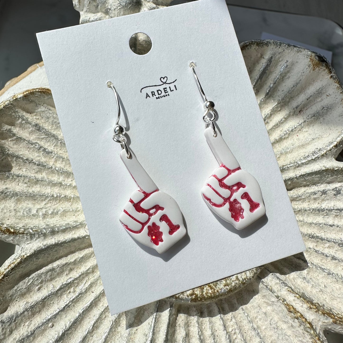 “Play Ball” White #1 Foam Finger Dangle Earrings