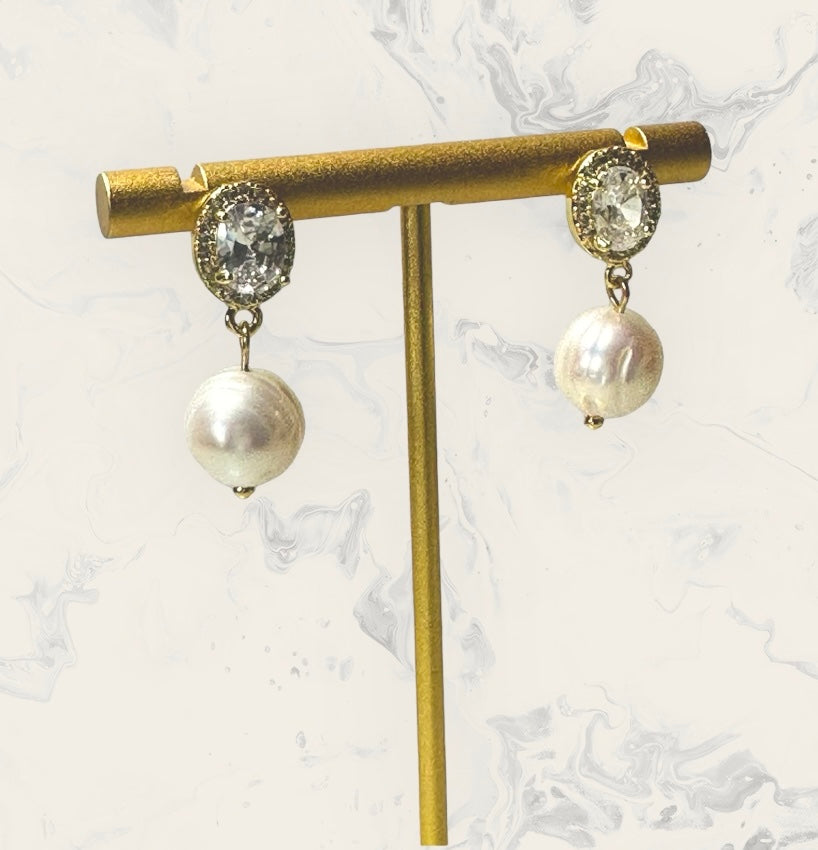 “Lorraine” 90 Real Gold Plated Brass Zircon Freshwater Pearl Stud Earrings