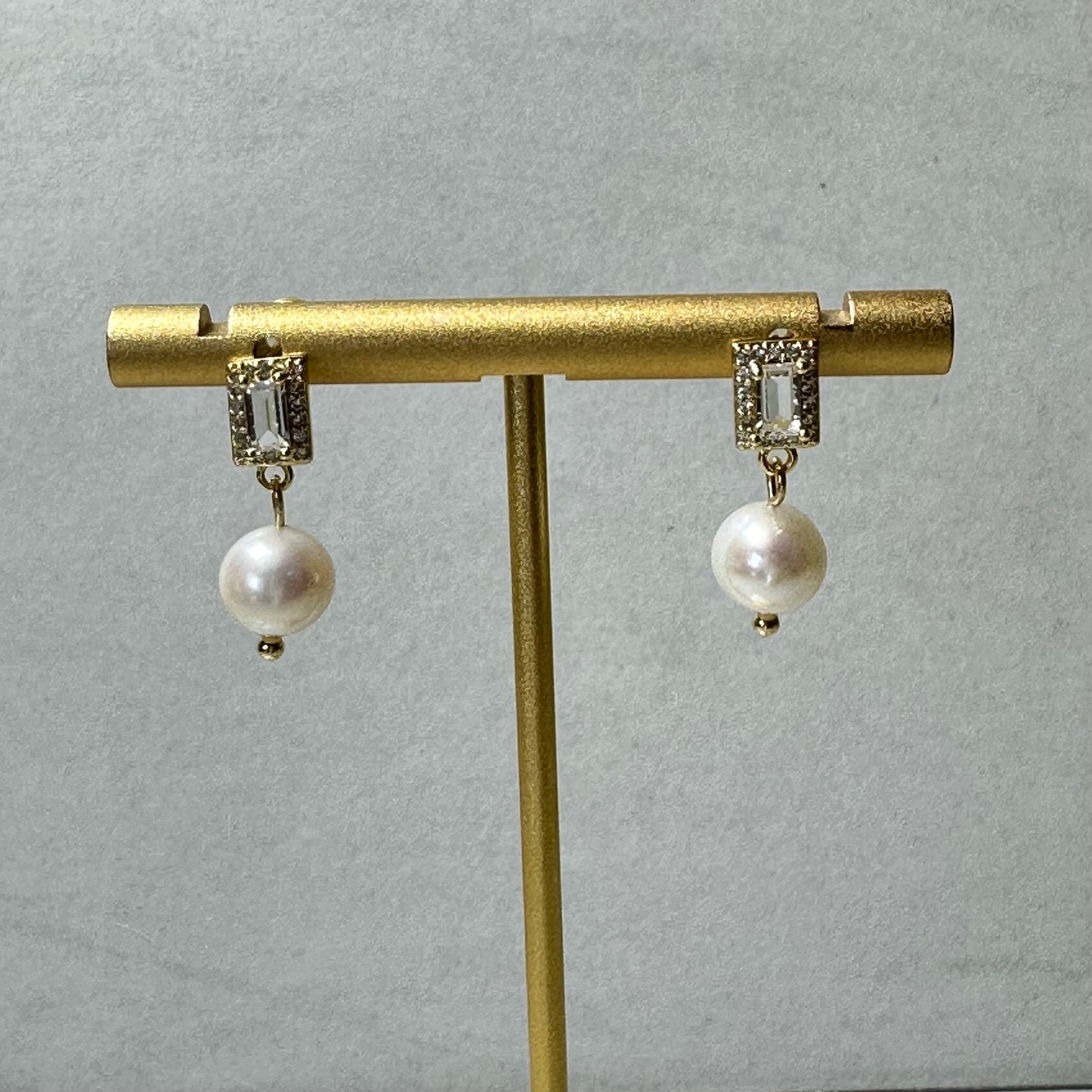 “Lorraine” 85 Real Gold Plated Brass Zircon Freshwater Pearl Dangle Earrings