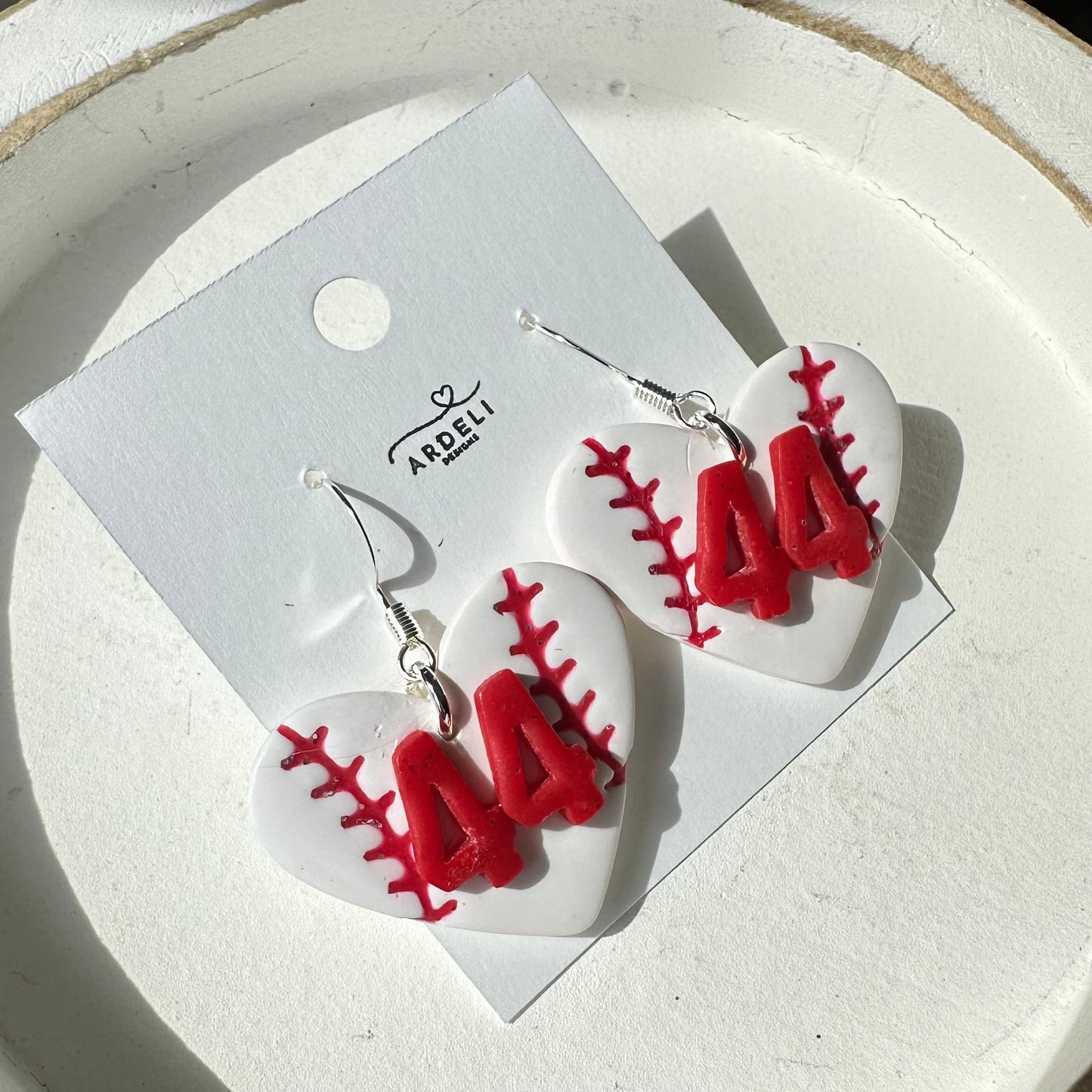 “Play Ball” Elly De La Cruz Inspired White 44 Heart Baseball Dangle Earrings