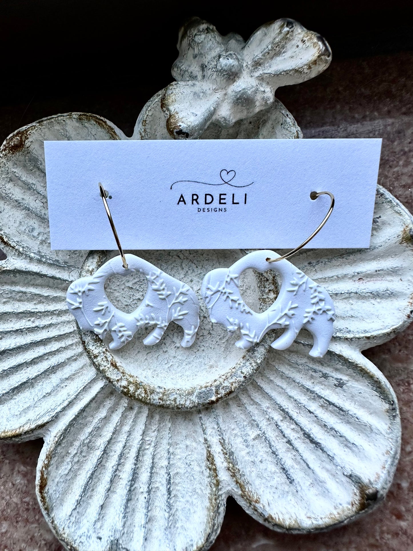 “Buffaluv” White Floral Bison Heart Gold Plated Hoop Earrings