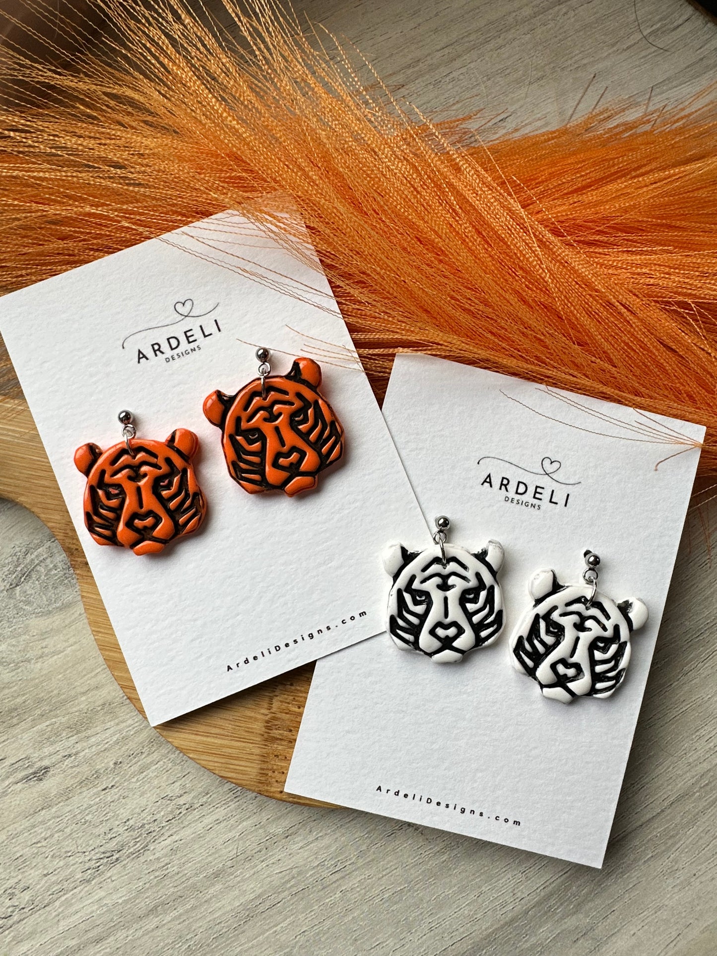 "Game Dey" Spirit Wear Bengals Inspired Polymer Clay White Tiger Dangle Earrings