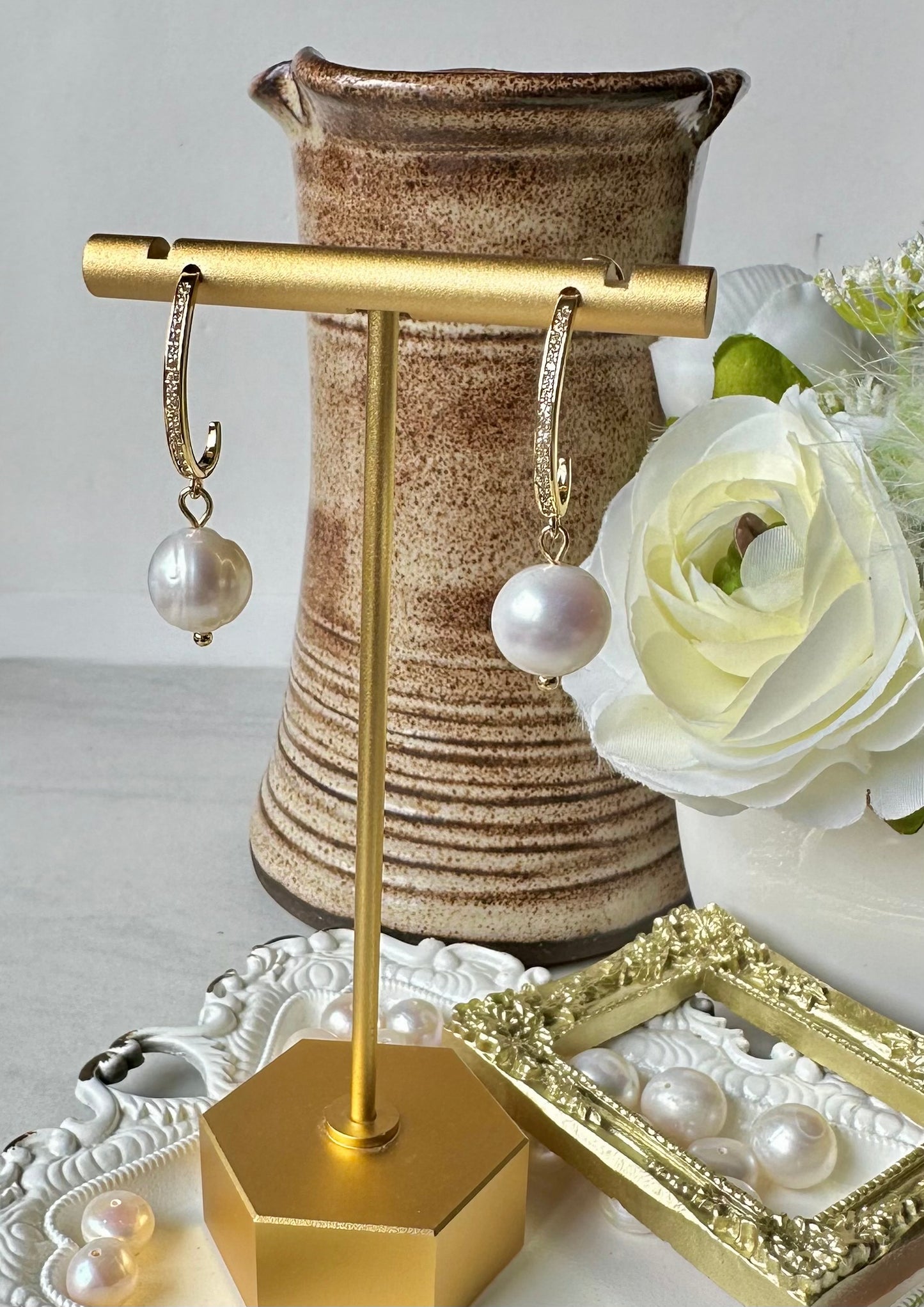 “Lorraine” 88 Real Gold Plated CZ Pave Half Hoop Stud Freshwater Pearl Dangle Earrings