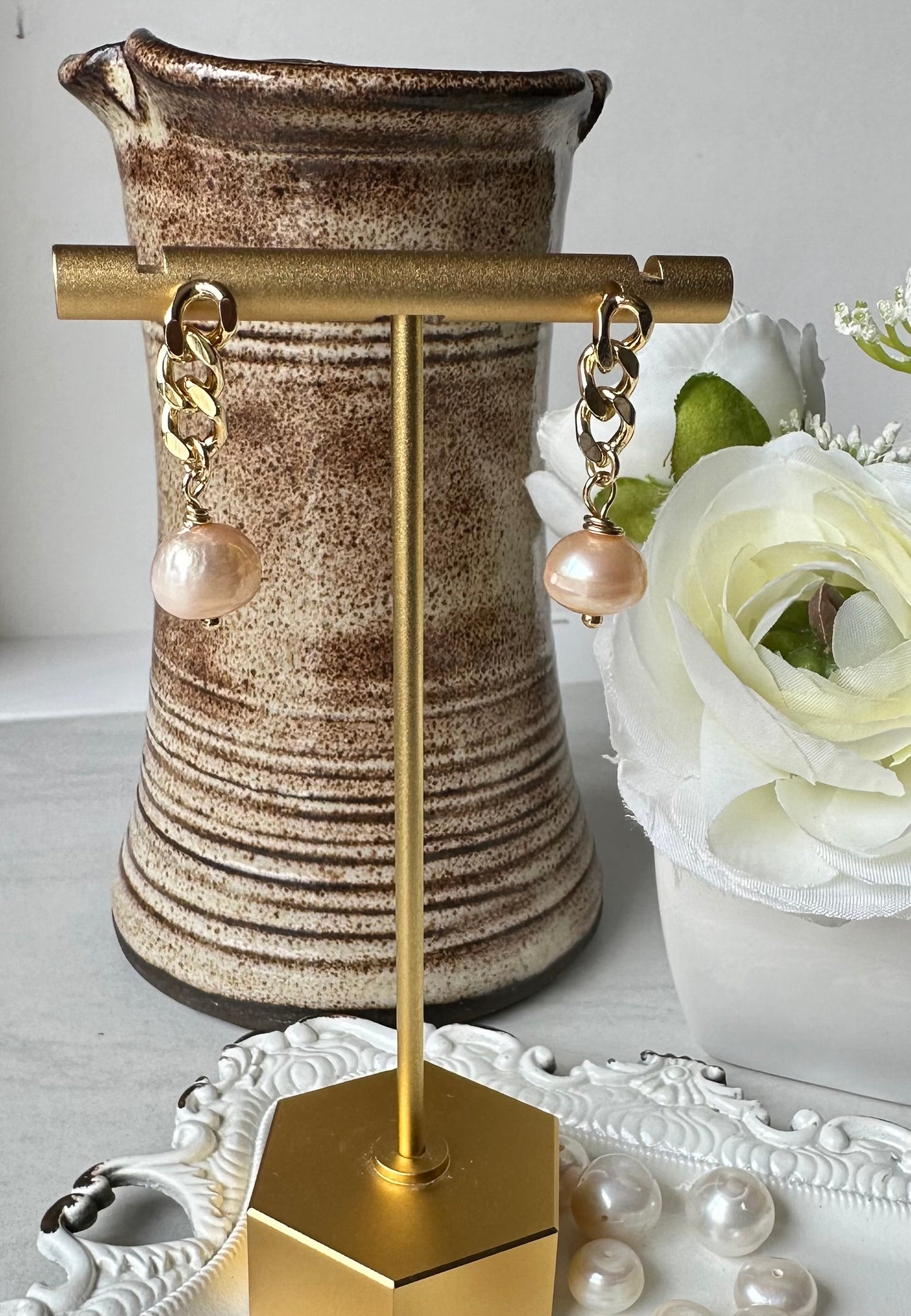 “Lorraine” 83 Gold Plated Chain Freshwater Peach Potato Pearl Dangle Earrings