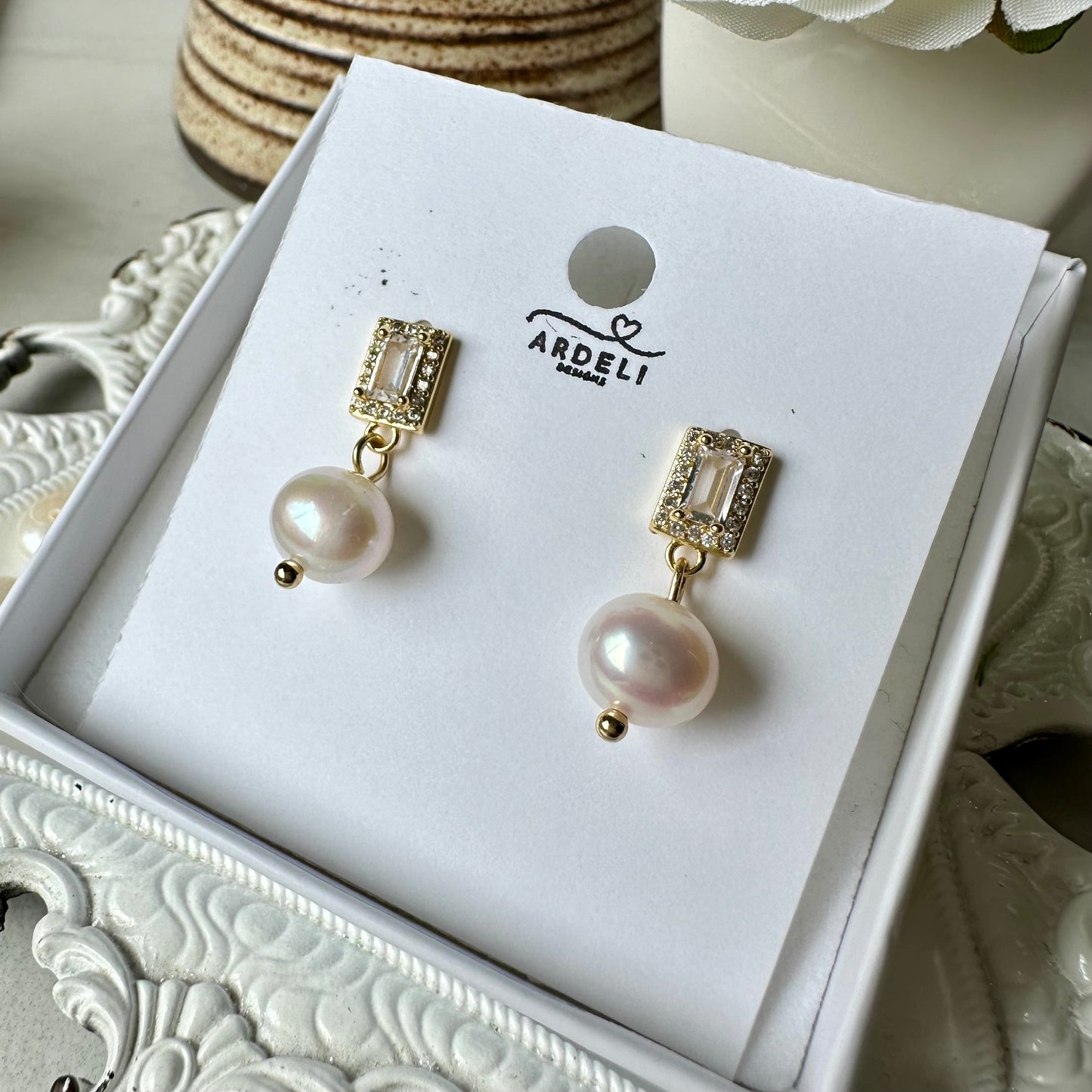 “Lorraine” 85 Real Gold Plated Brass Zircon Freshwater Pearl Dangle Earrings