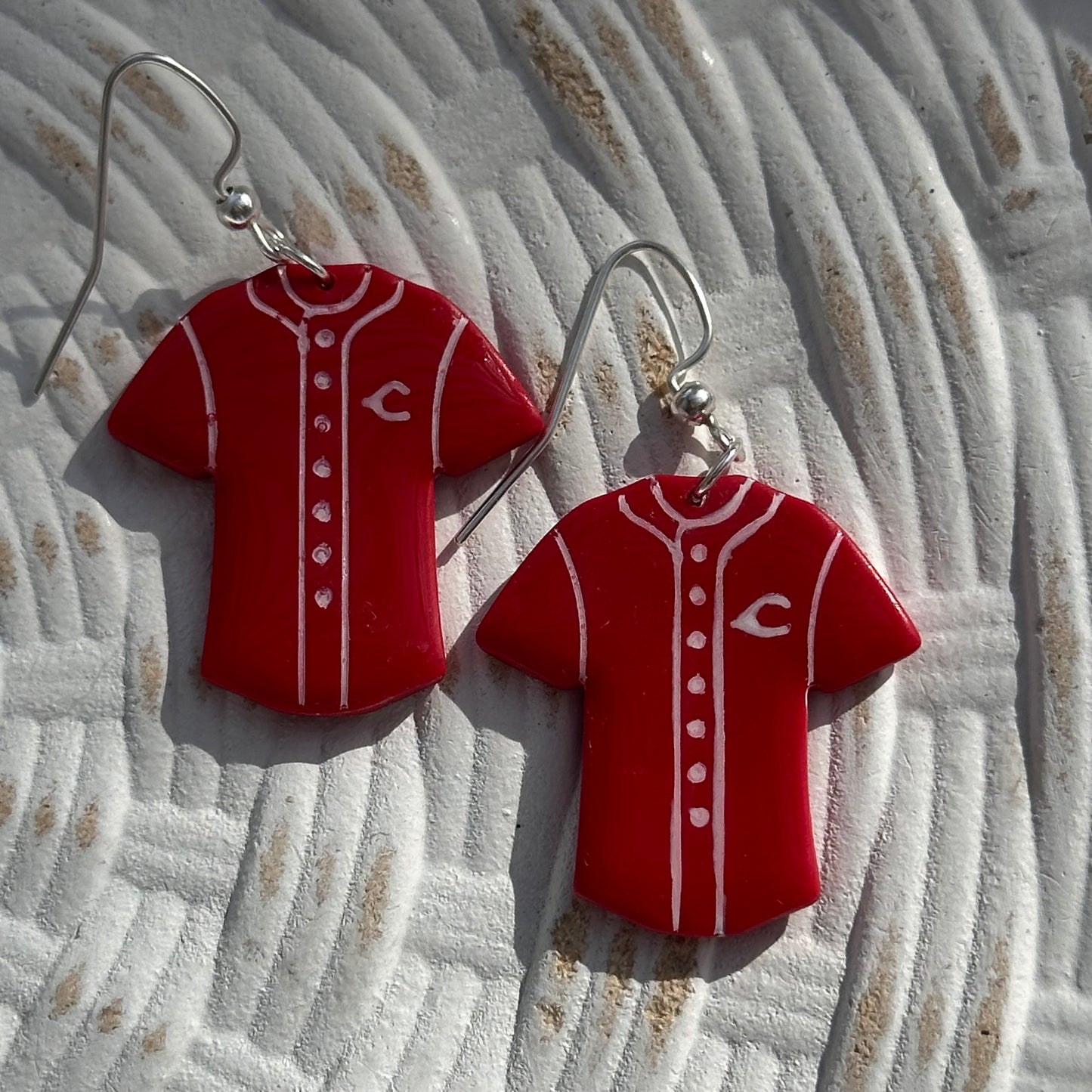 “Play Ball” Reds Jersey Dangle Earrings