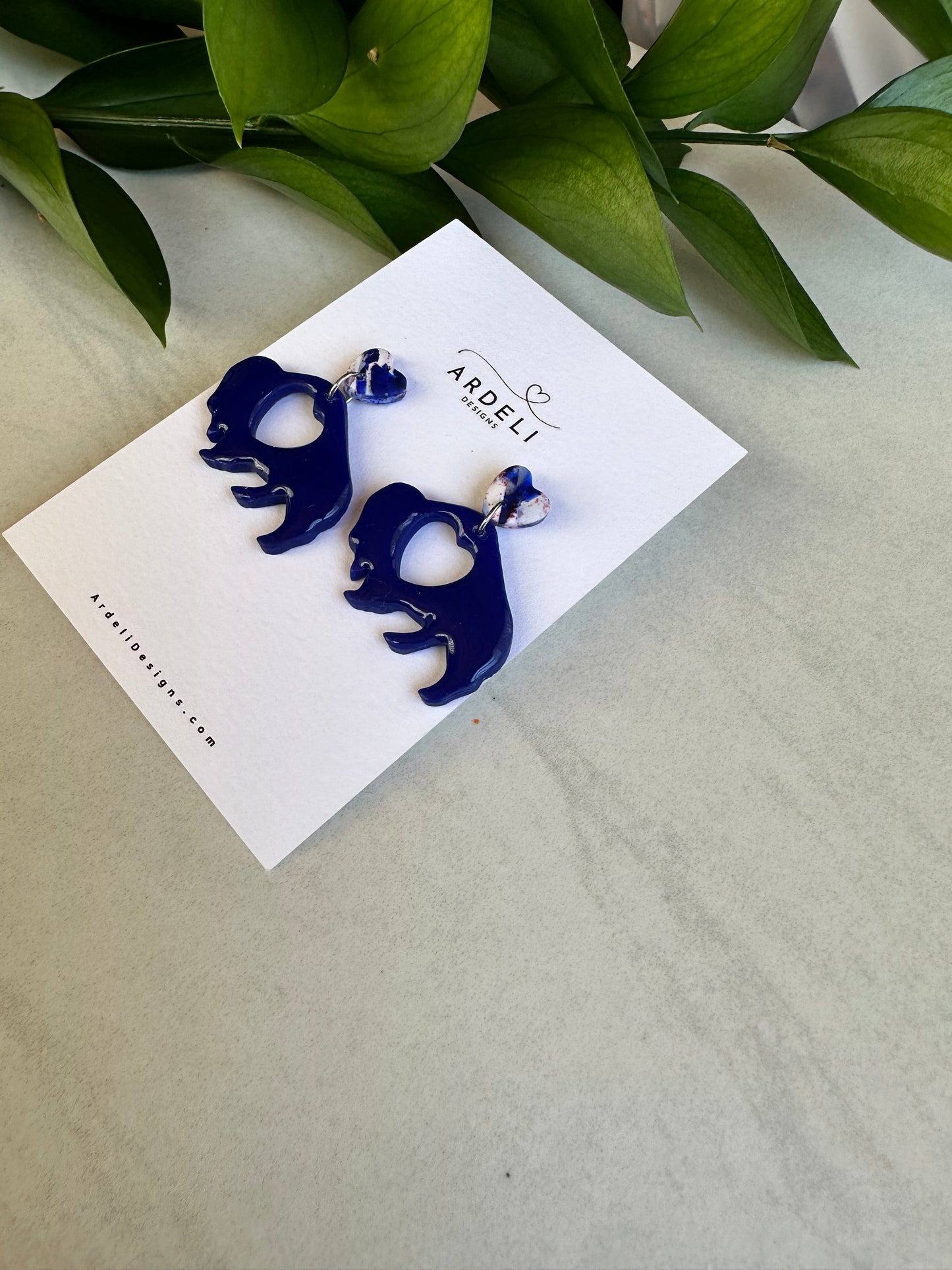 “Buffaluv” Bison Blue Marble Heart Surgical Steel Post Silver Dangle Earrings