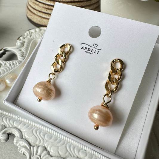 “Lorraine” 83 Gold Plated Chain Freshwater Peach Potato Pearl Dangle Earrings