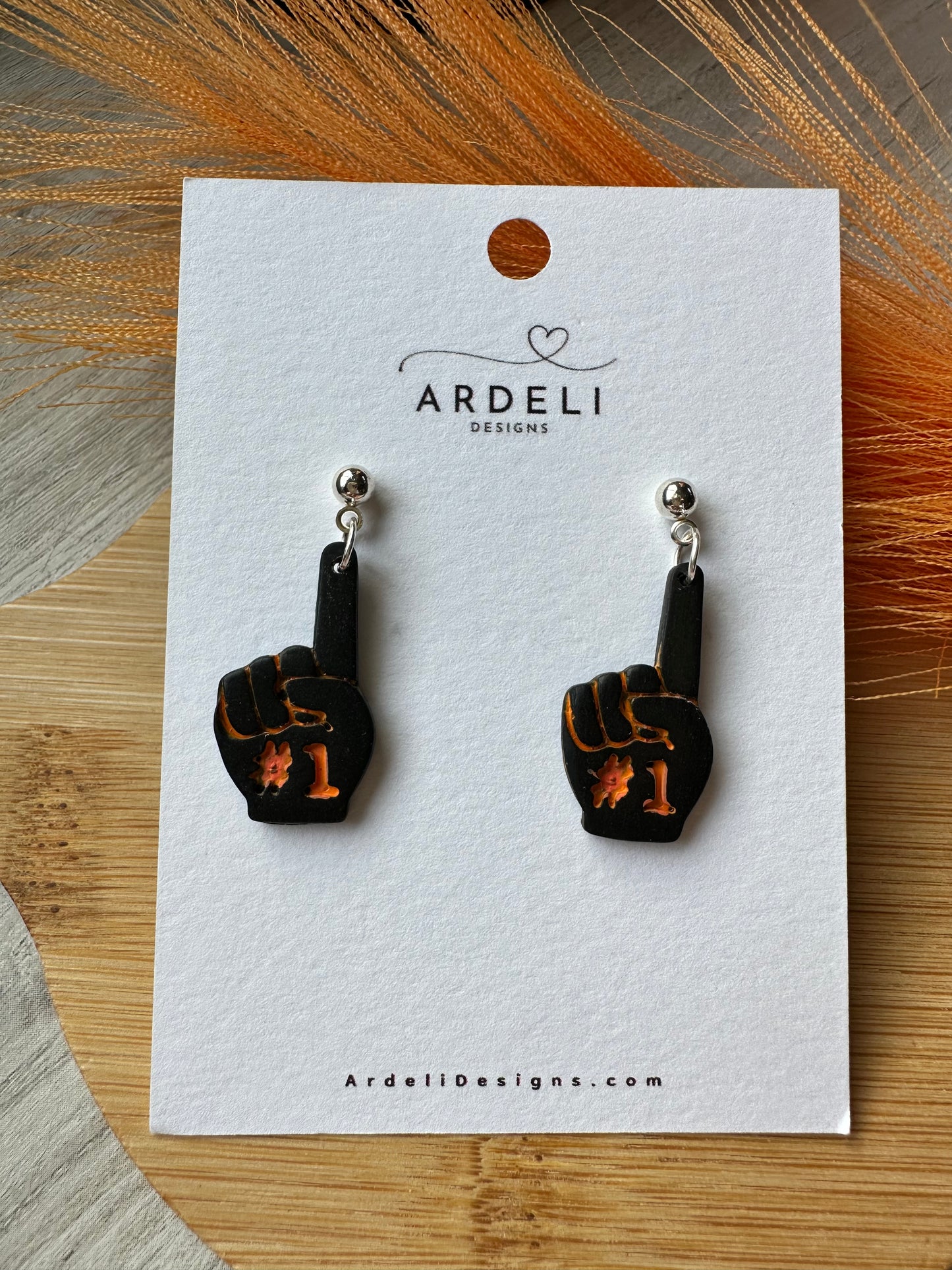 "Game Dey" Spirit Wear Bengals Inspired #1 Foam Finger SM Black Polymer Clay Post Dangle Earrings