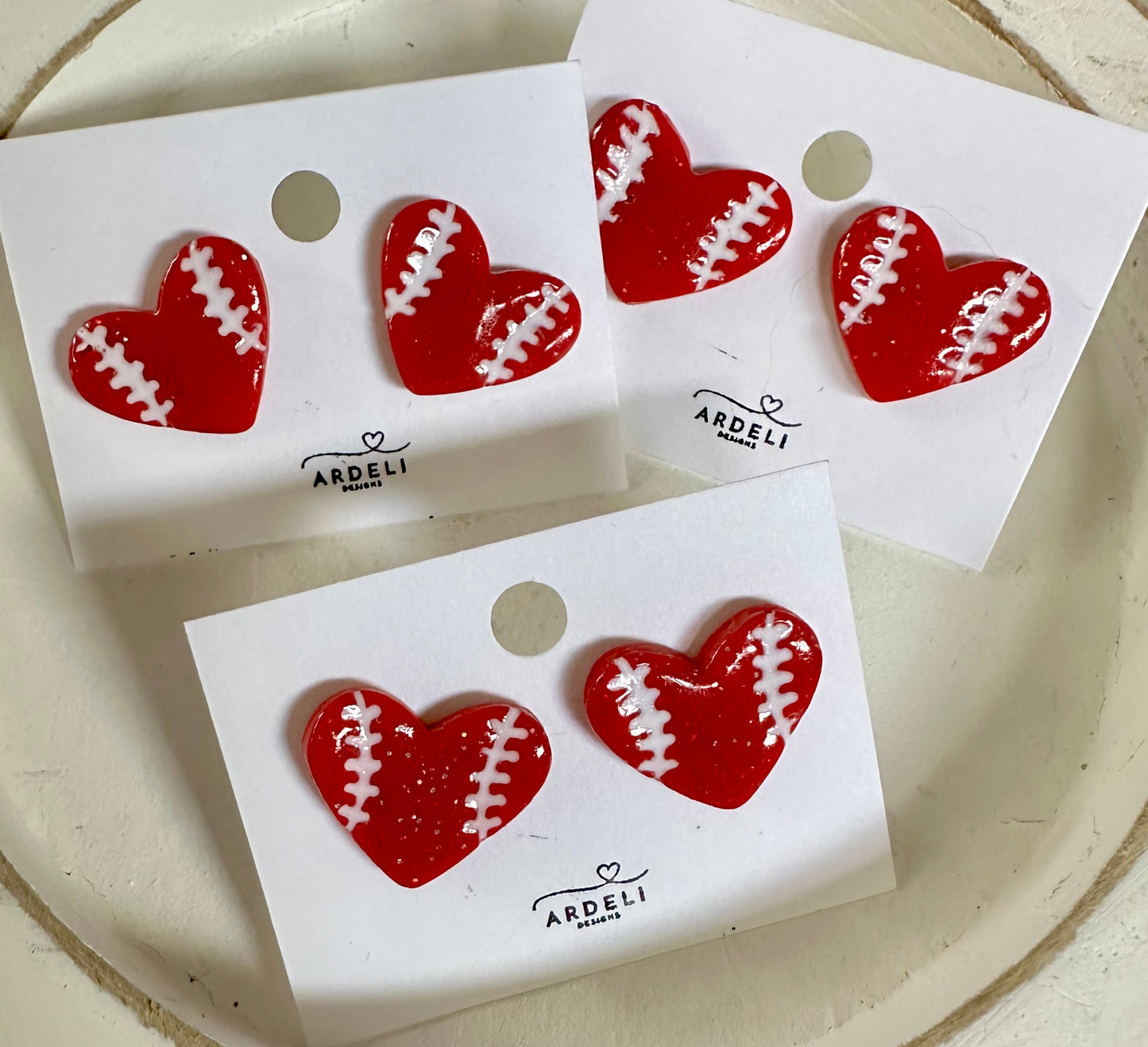 “Play Ball” Red Heart Baseball Stud Earrings