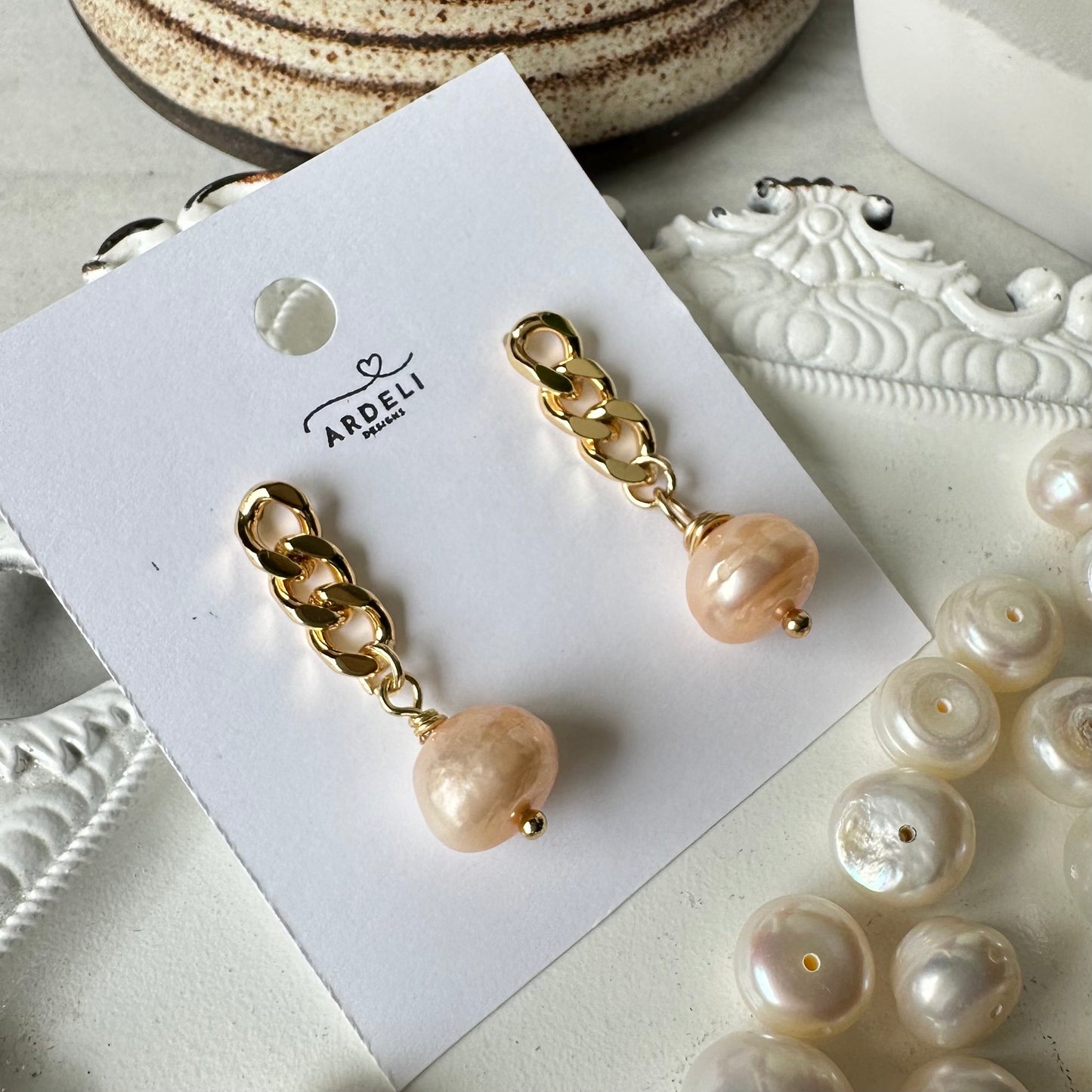 “Lorraine” 83 Gold Plated Chain Freshwater Peach Potato Pearl Dangle Earrings