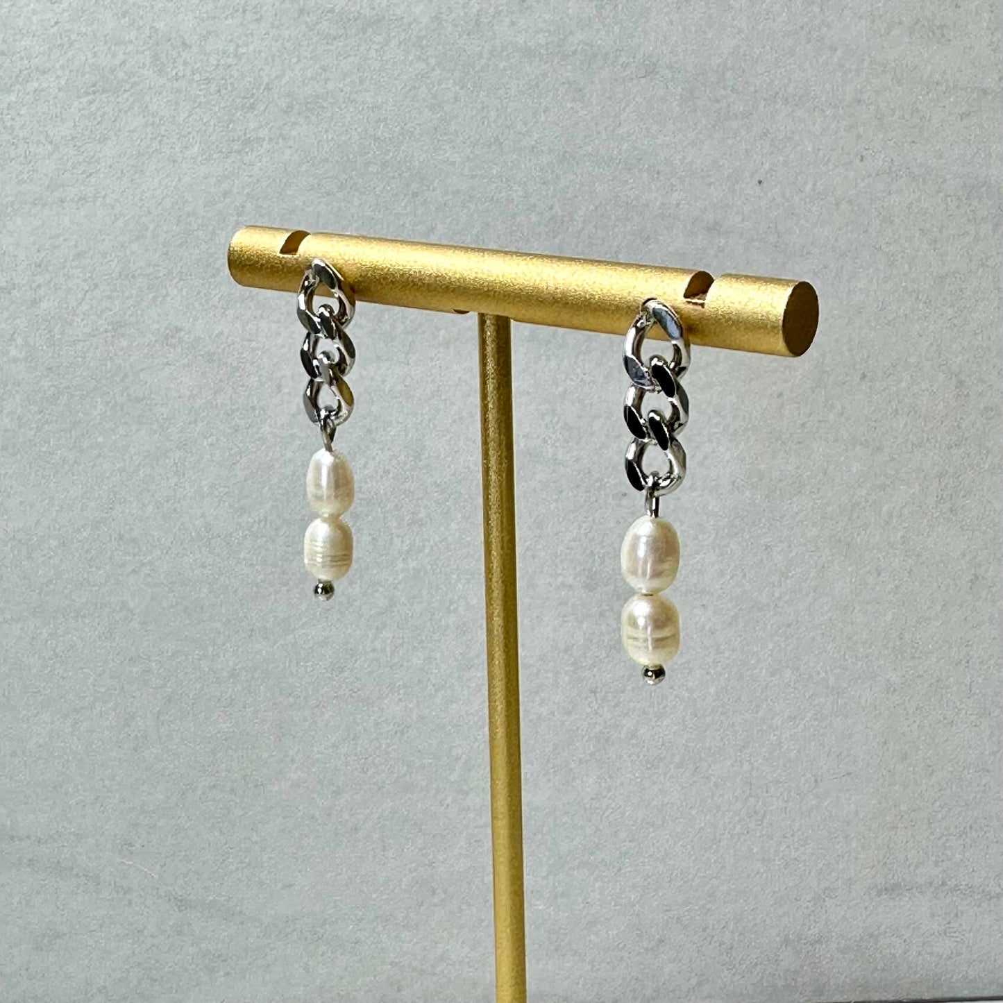 “Lorraine” 81 Silver Chain Linear Freshwater Pearl Dangle Earrings