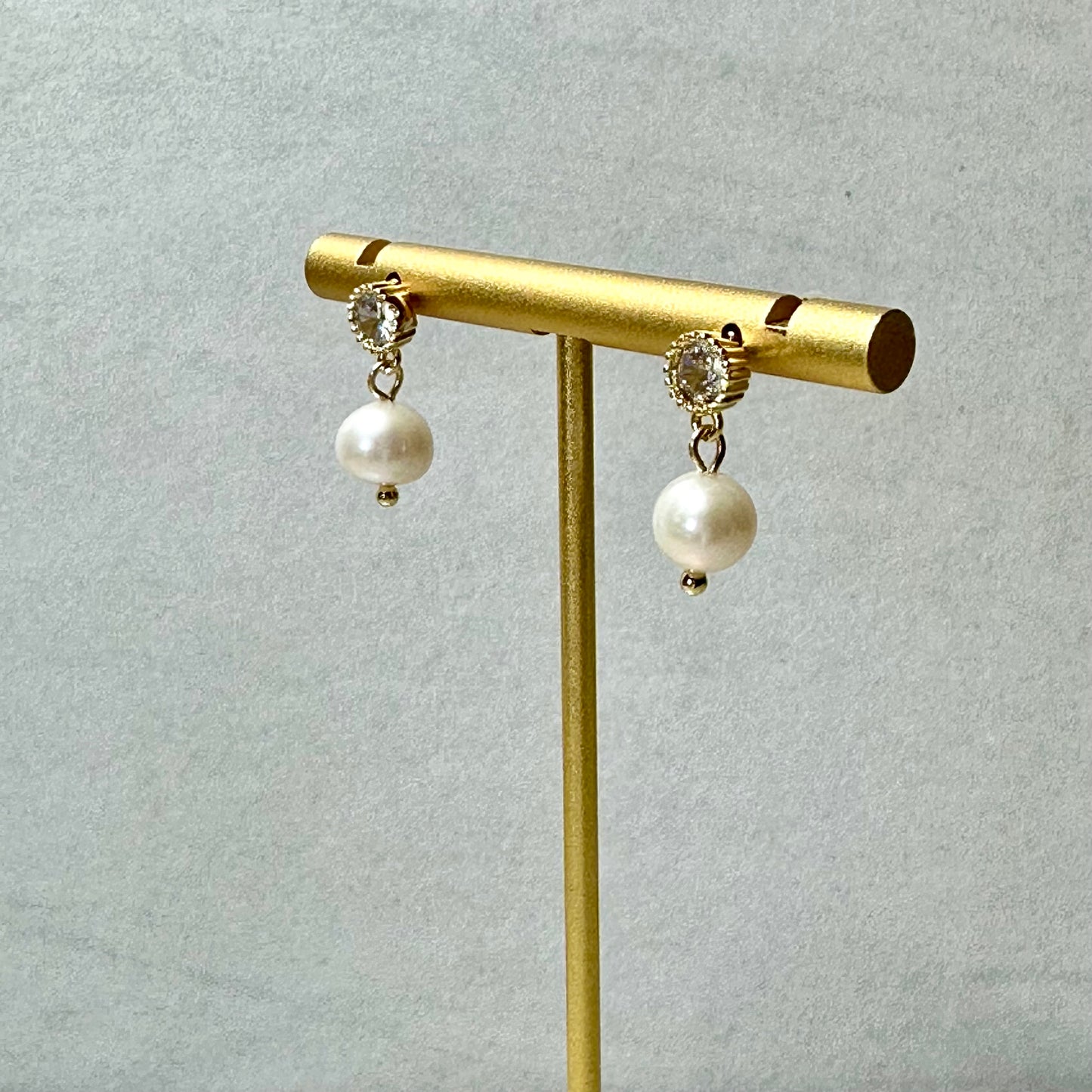 “Lorraine” 87 Real Gold Plated Brass Zircon Diamond Freshwater Pearl Dangle Earrings