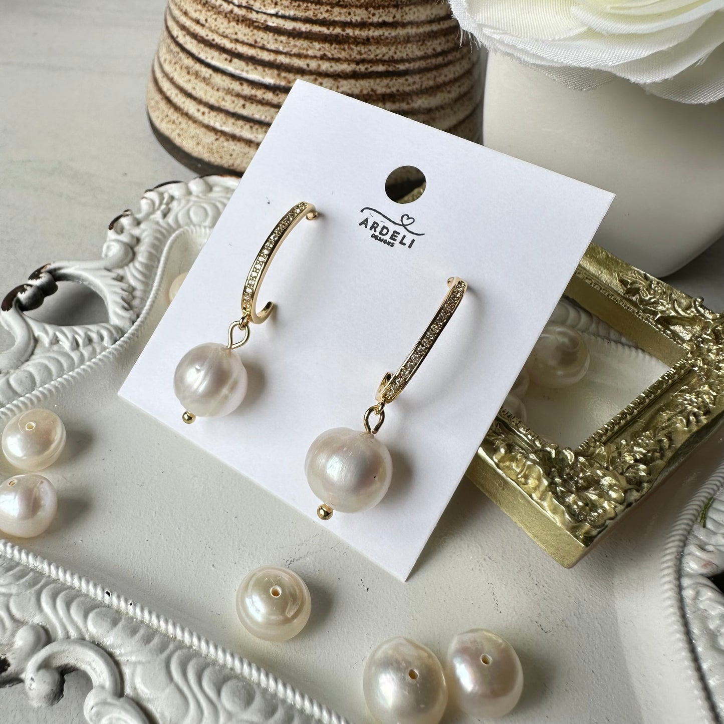 “Lorraine” 88 Real Gold Plated CZ Pave Half Hoop Stud Freshwater Pearl Dangle Earrings