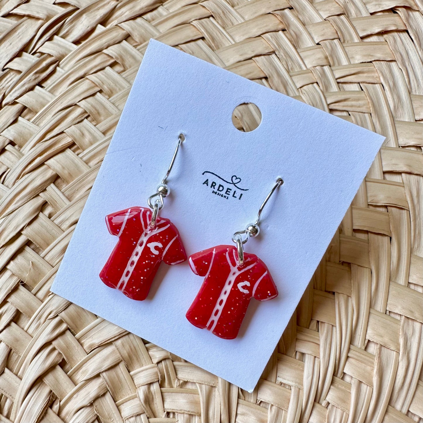 “Play Ball” Sm Reds Jersey Dangle Earrings