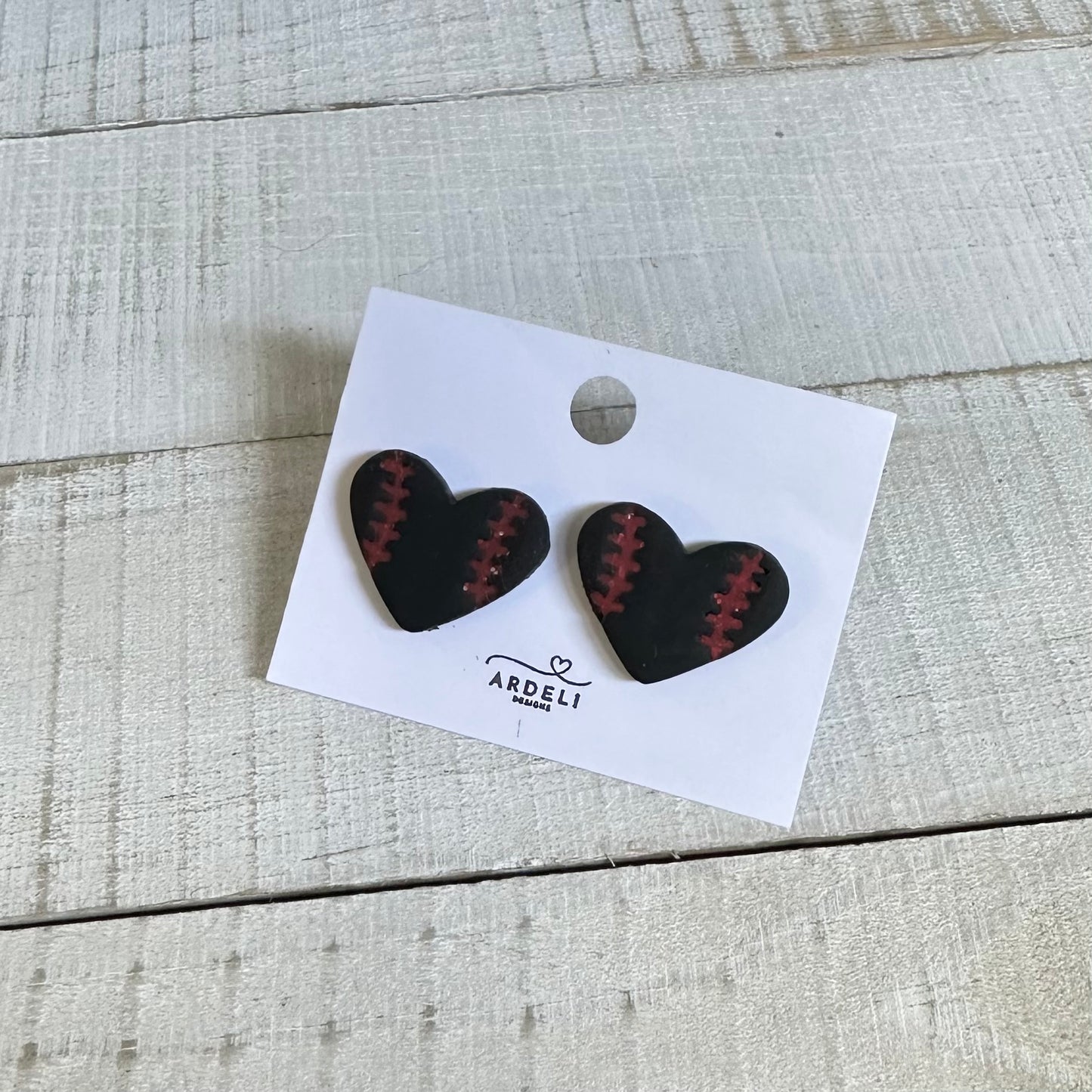 “Play Ball” Black Heart Baseball Stud Earrings