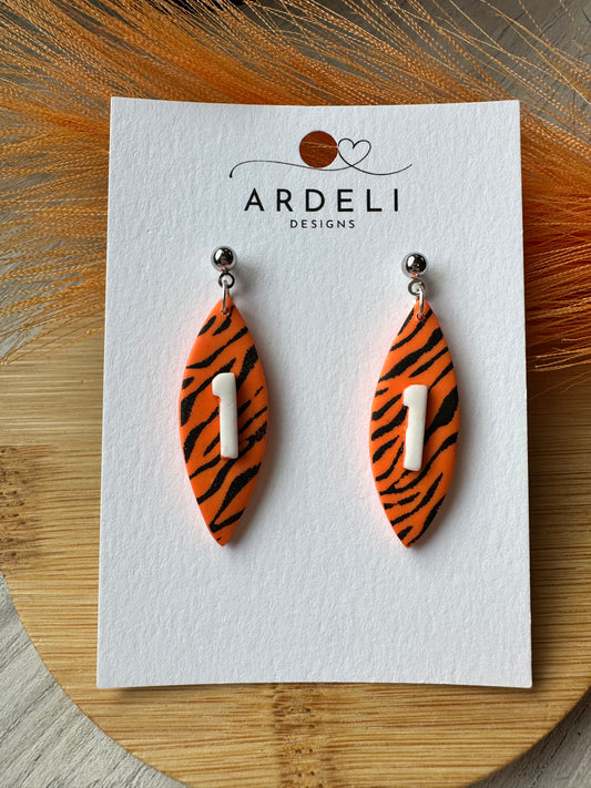 "Game Dey" Spirit Wear Bengals Inspired #1 Tiger Striped Polymer Clay Dangle Earrings