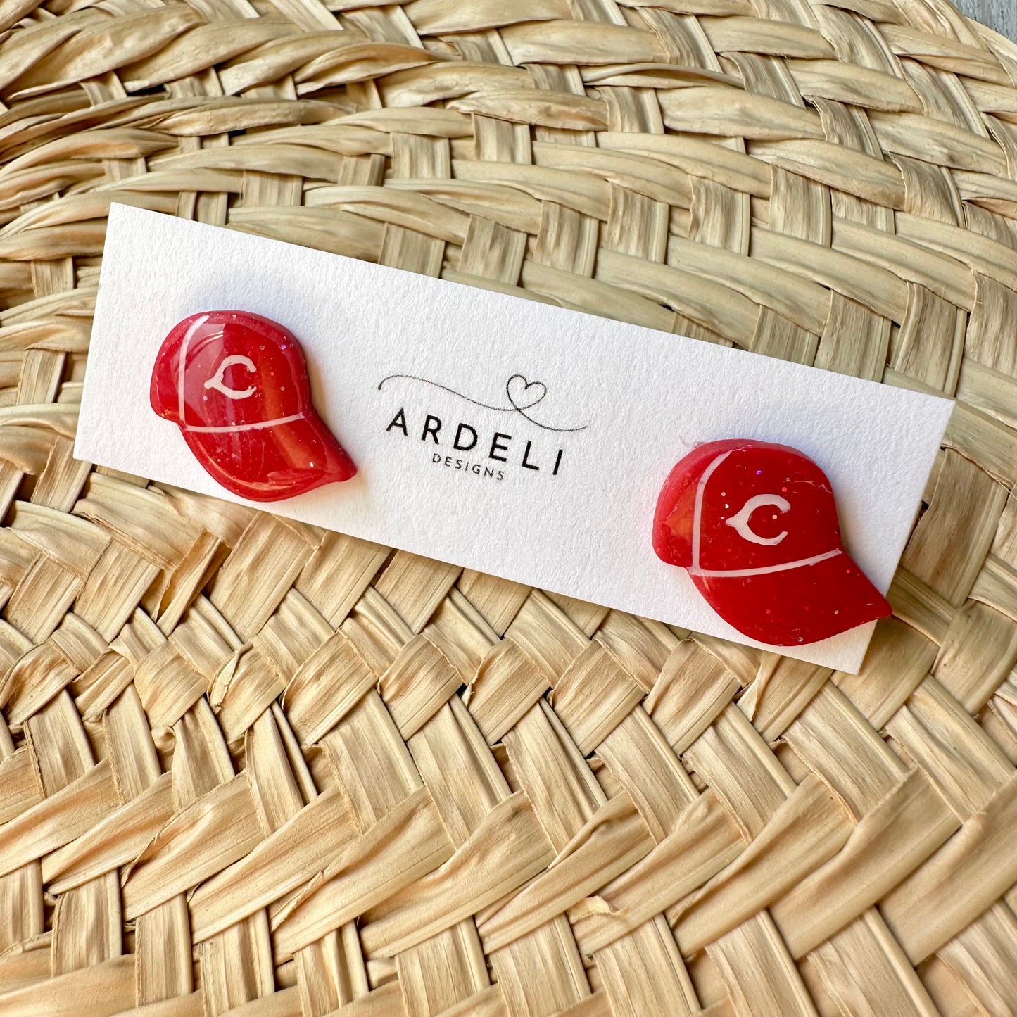 “Play Ball” Red C Sm Baseball Cap Stud Earrings