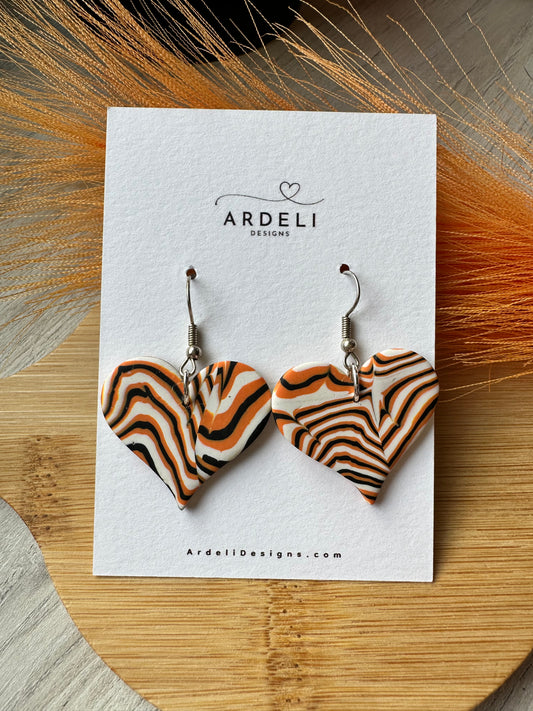 "Game Dey" Spirit Wear Zubaz Bengals Inspired Stripe Heart Polymer Clay Dangle Earrings