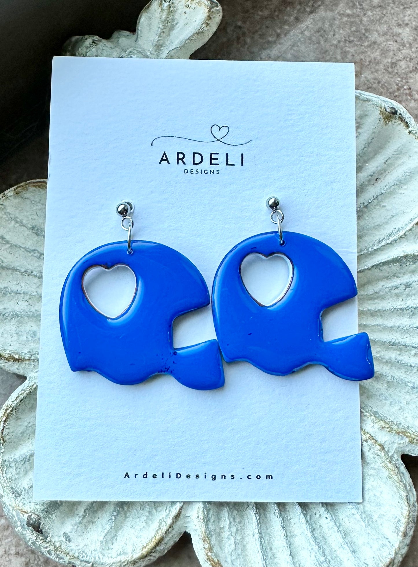 “Buffaluv” Blue Heart Helmet Surgical Steel Post Dangle Earrings