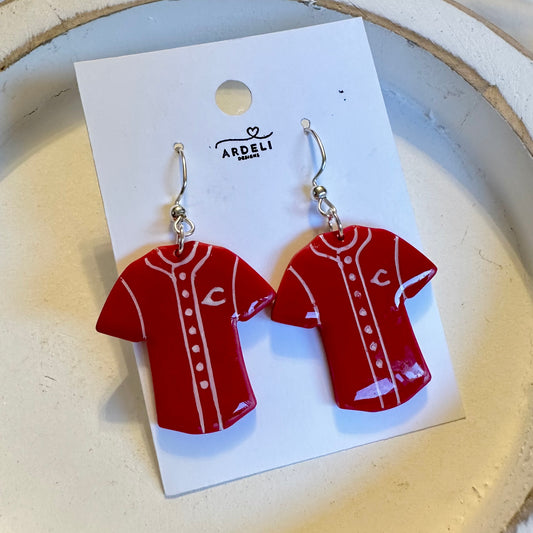 “Play Ball” Reds Jersey Dangle Earrings