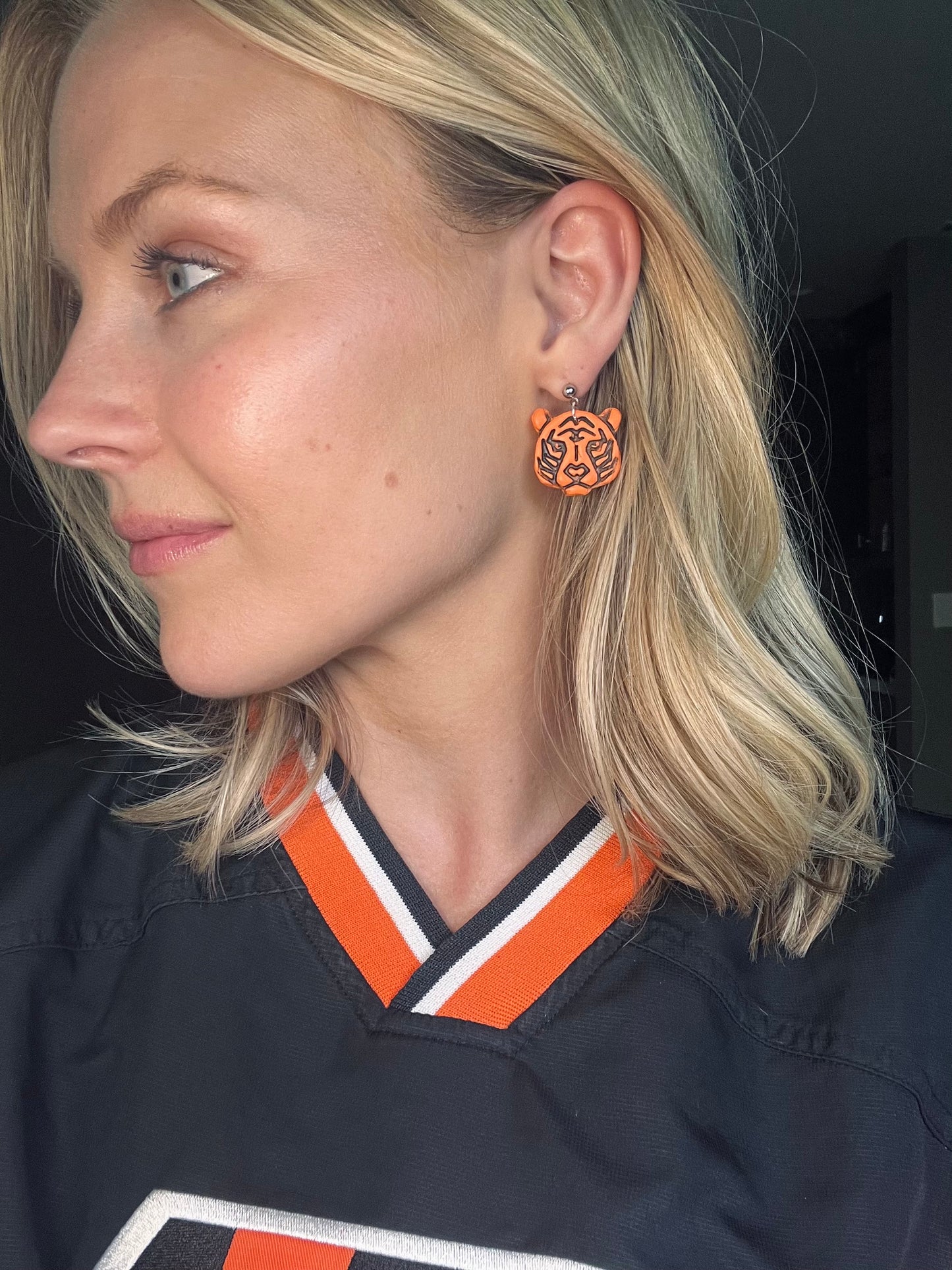 "Game Dey" Spirit Wear Bengals Inspired Polymer Clay Orange Tiger Dangle Earrings