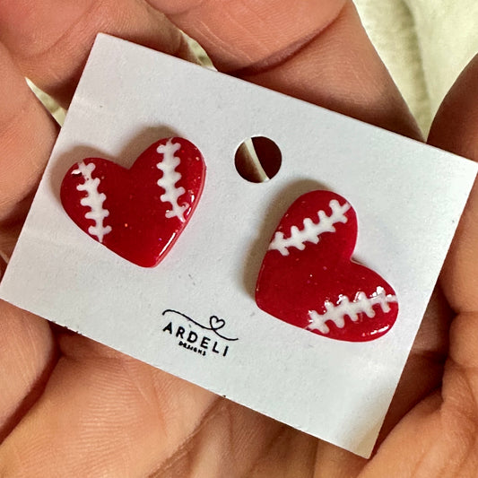 “Play Ball” Red Heart Baseball Stud Earrings