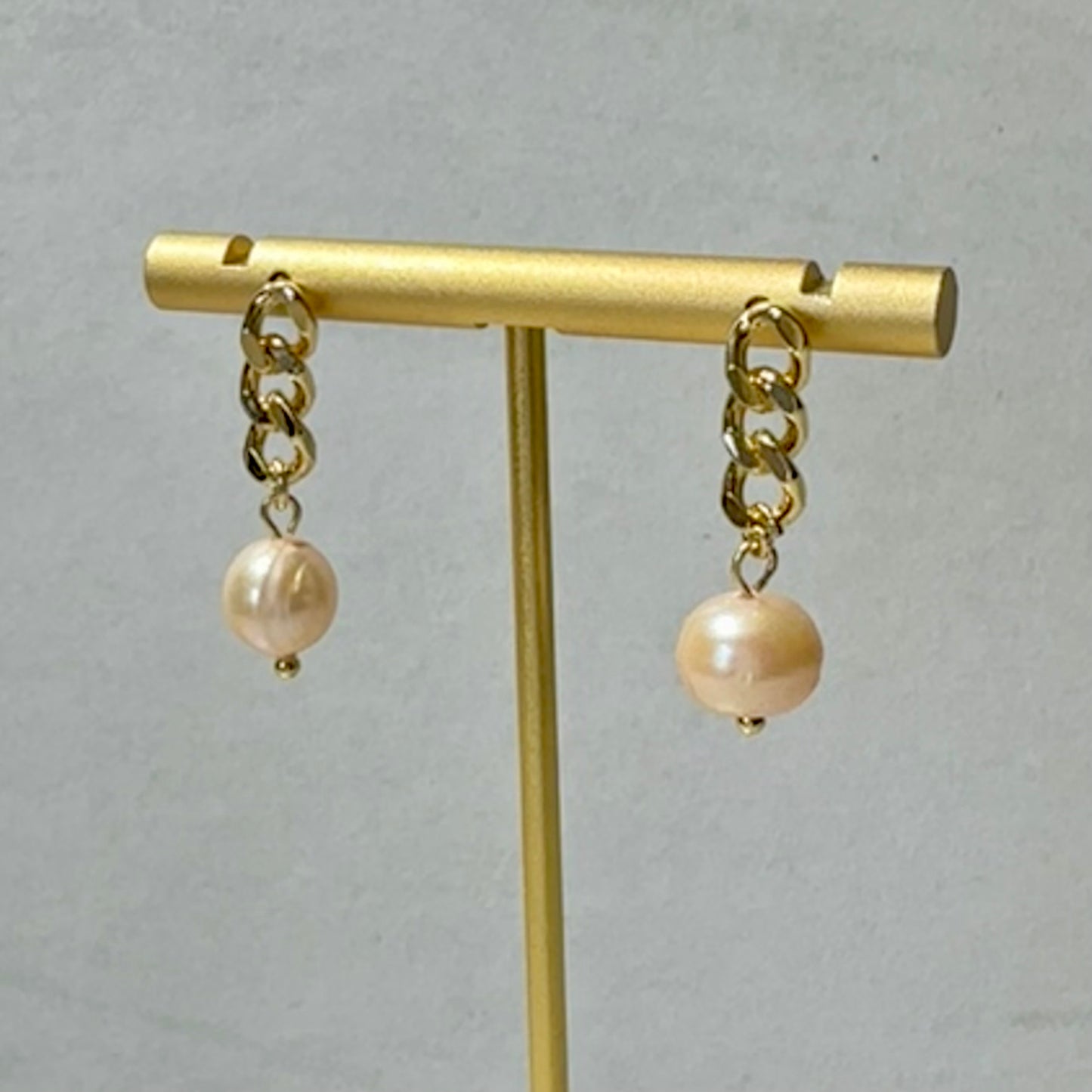 “Lorraine” 83 Gold Plated Chain Freshwater Peach Potato Pearl Dangle Earrings