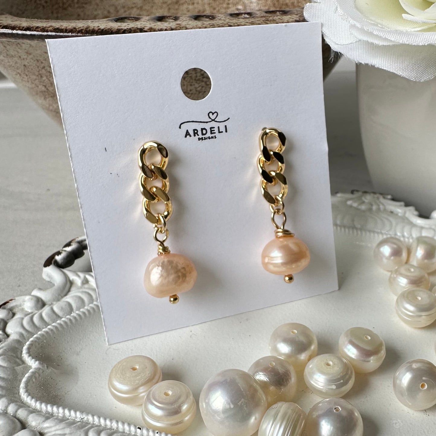 “Lorraine” 83 Gold Plated Chain Freshwater Peach Potato Pearl Dangle Earrings