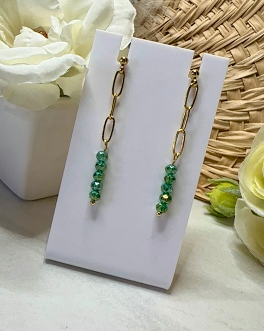 “Beaded Love” GP35224 Gold Plated Ball Post Chain Green 3mm Crystal Bead Earrings