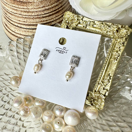 “Lorraine” 86 Real White Gold Plated Brass Zircon Freshwater Pearl Dangle Earrings