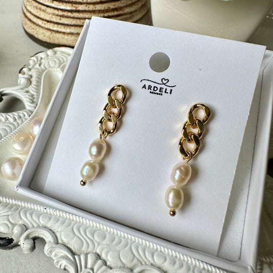 “Lorraine” 82 Gold Plated Chain Freshwater Pearl Dangle Earrings