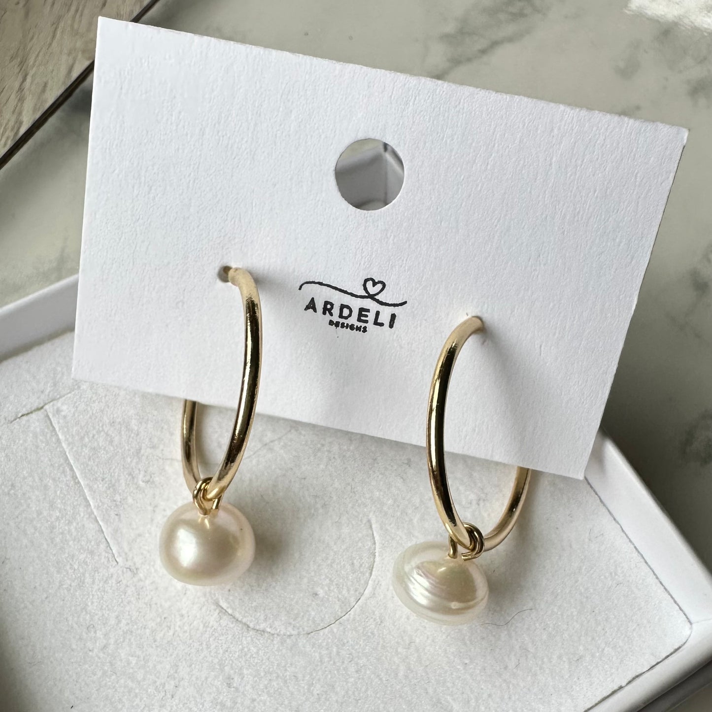 “Lorraine” 49 Real 18K Gold Plated Half Hoop Stud Freshwater Button Pearl Earrings