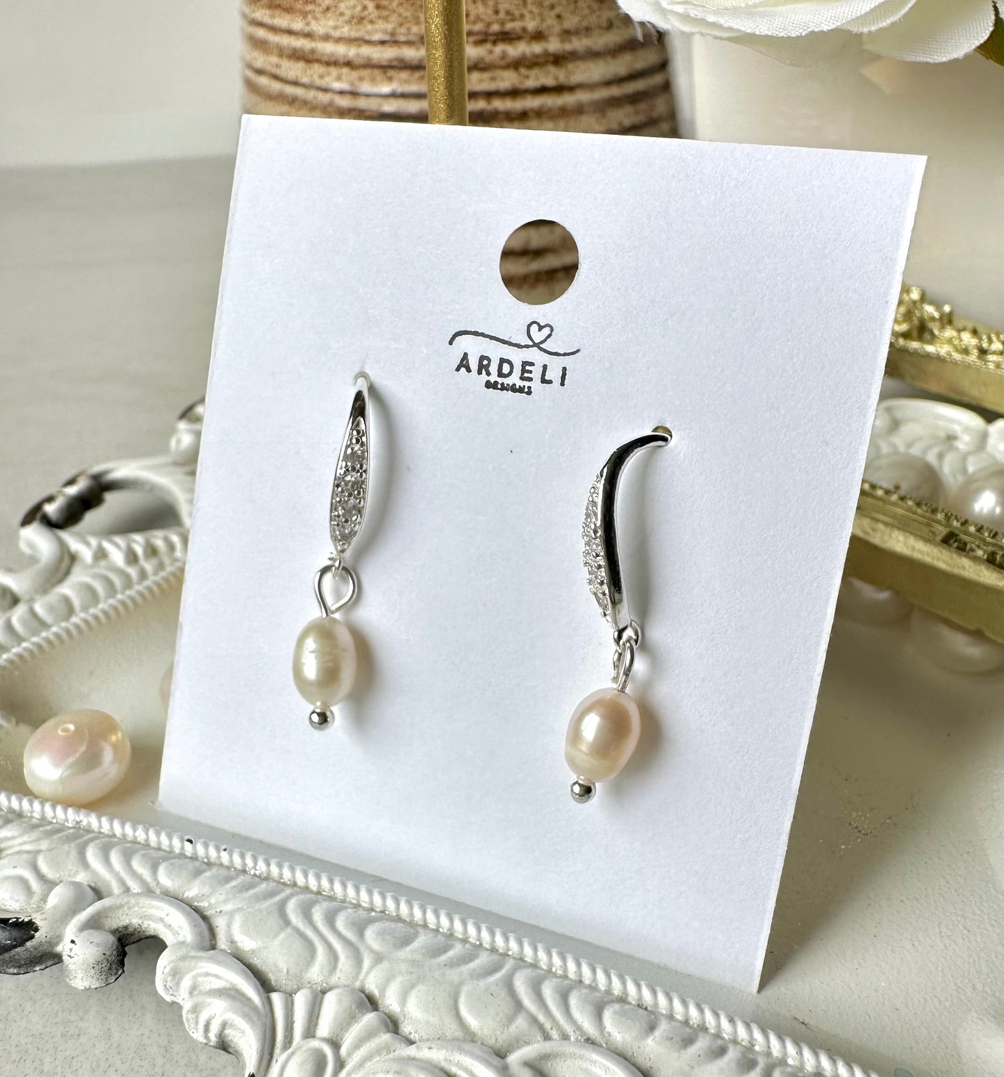 “Lorraine” 84 Silver Plated Rhinestone Hook Freshwater Pearl Dangle Earrings