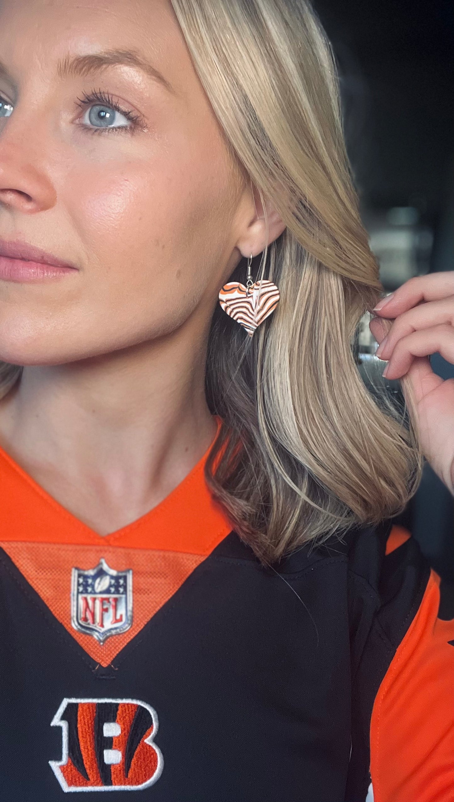 "Game Dey" Spirit Wear Zubaz Bengals Inspired Stripe Heart Polymer Clay Dangle Earrings