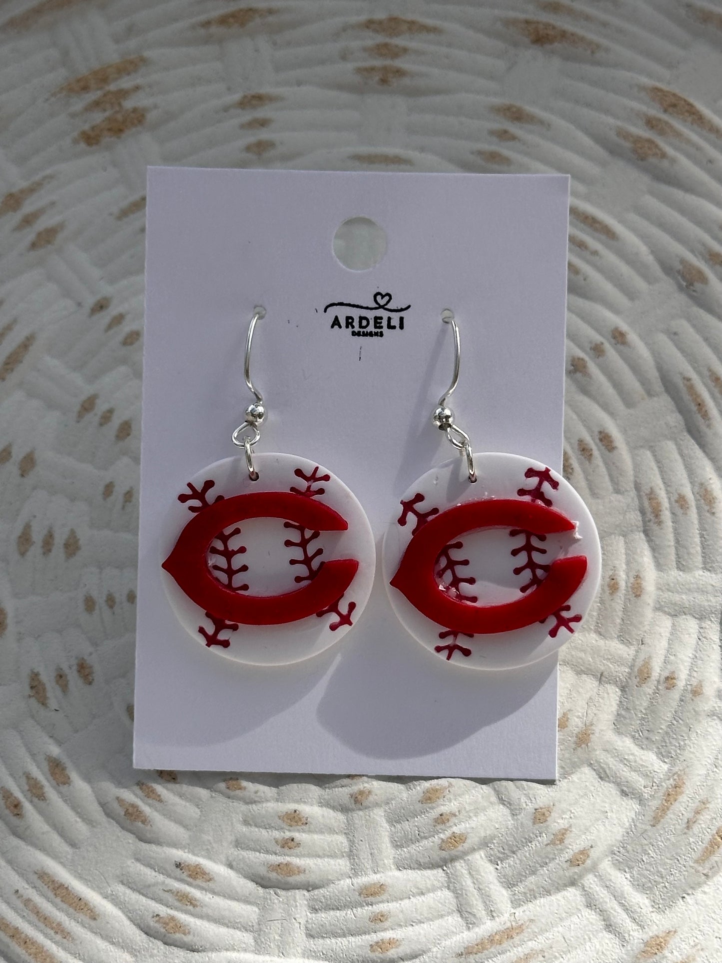 “Play Ball” Reds C Baseball Dangle Earrings